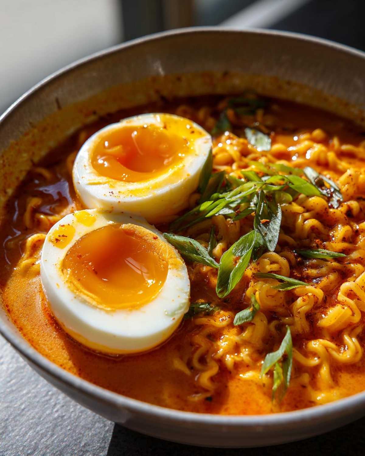Close-up of Spicy Miso Ramen topped with two halves of a soft-boiled egg showing runny yolks and green onions.
