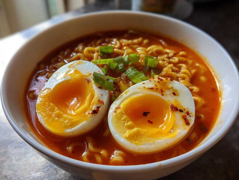 Close-up of Spicy Miso Ramen featuring wavy noodles in a rich broth, topped with two halves of soft-boiled eggs and green onions.