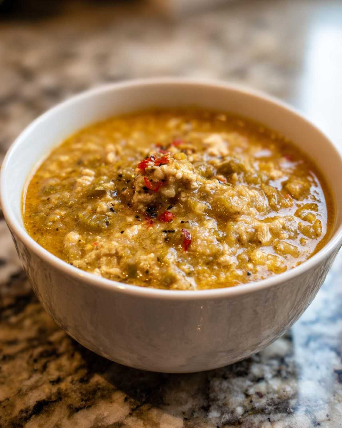 Close-up of a white bowl filled with thick, green-hued Spicy Turkey White Bean Chili, topped with red pepper flakes.