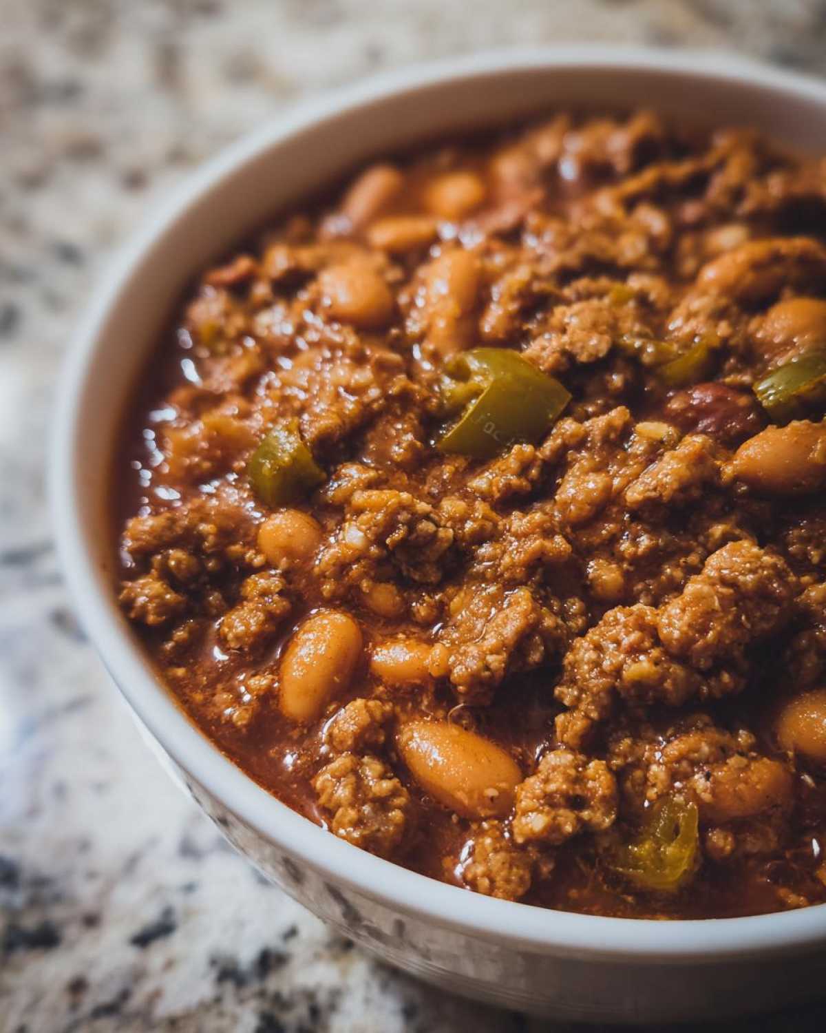 Close-up of a white bowl filled with hearty Spicy Turkey White Bean Chili, showing ground turkey and white beans.