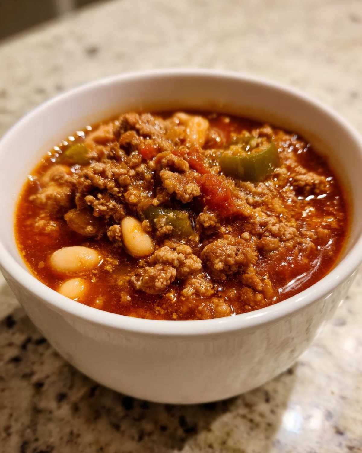 A close-up view of a hearty serving of Spicy Turkey White Bean Chili, featuring ground turkey, white beans, and green peppers in a rich red sauce.