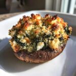 Close-up of a baked Spinach and Feta Stuffed Mushroom with a golden, crusty topping.
