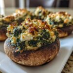 Close-up of baked Spinach and Feta Stuffed Mushrooms with a golden, cheesy top on a white platter.