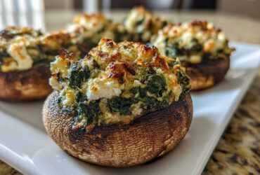 Close-up of baked Spinach and Feta Stuffed Mushrooms with a golden, cheesy top on a white platter.
