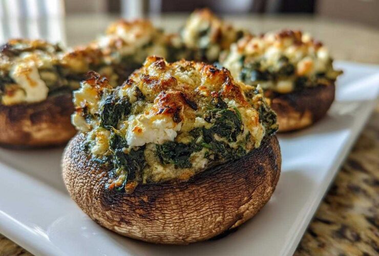 Close-up of baked Spinach and Feta Stuffed Mushrooms with a golden, cheesy top on a white platter.
