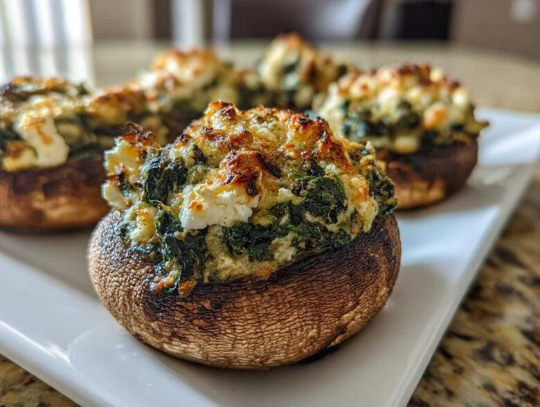 Close-up of baked Spinach and Feta Stuffed Mushrooms with a golden, cheesy top on a white platter.