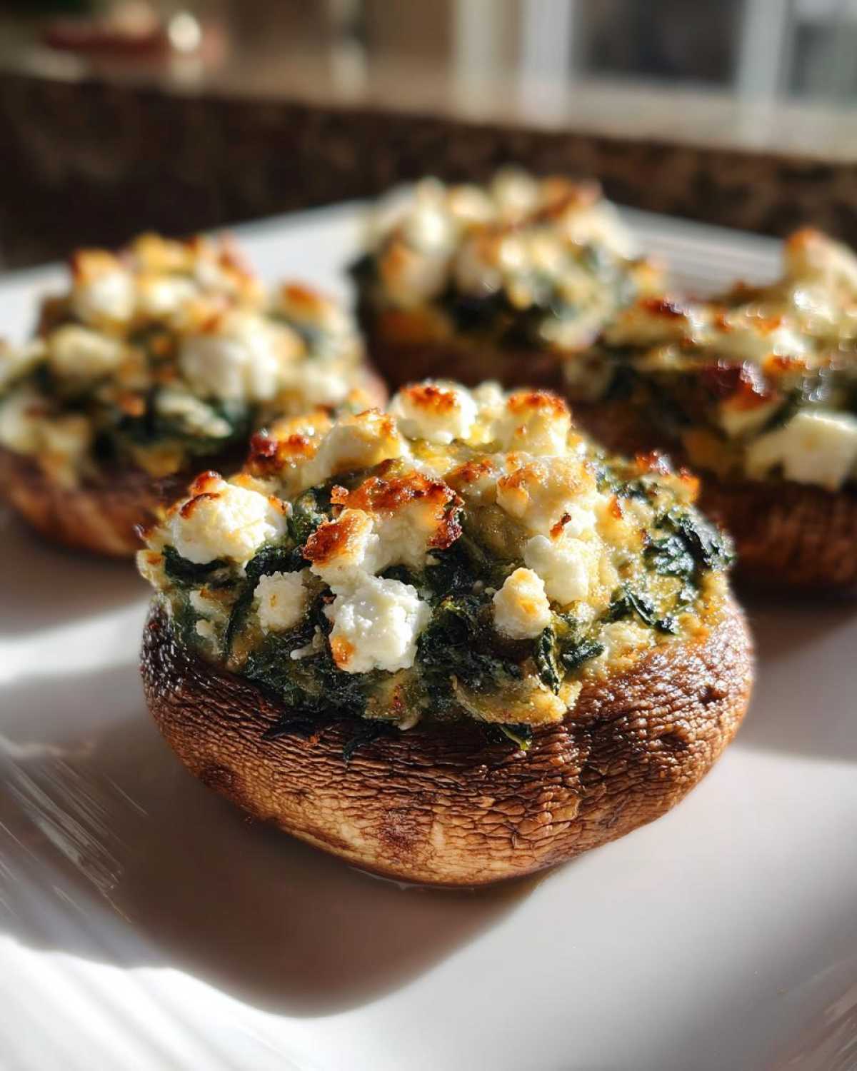 A close-up of baked Spinach and Feta Stuffed Mushrooms topped with browned feta cheese on a white plate.
