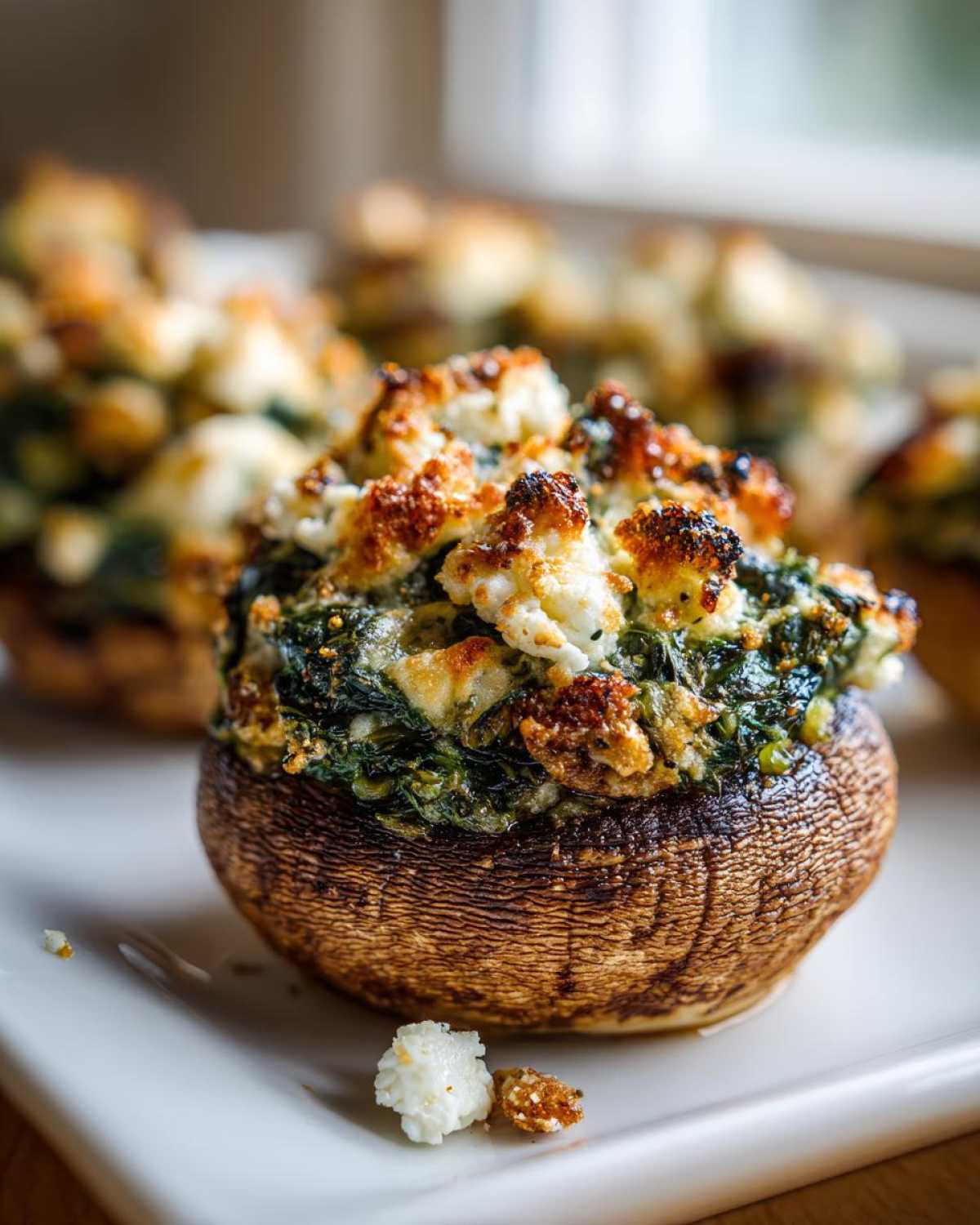 A close-up of a baked Spinach and Feta Stuffed Mushroom with a golden, cheesy topping.