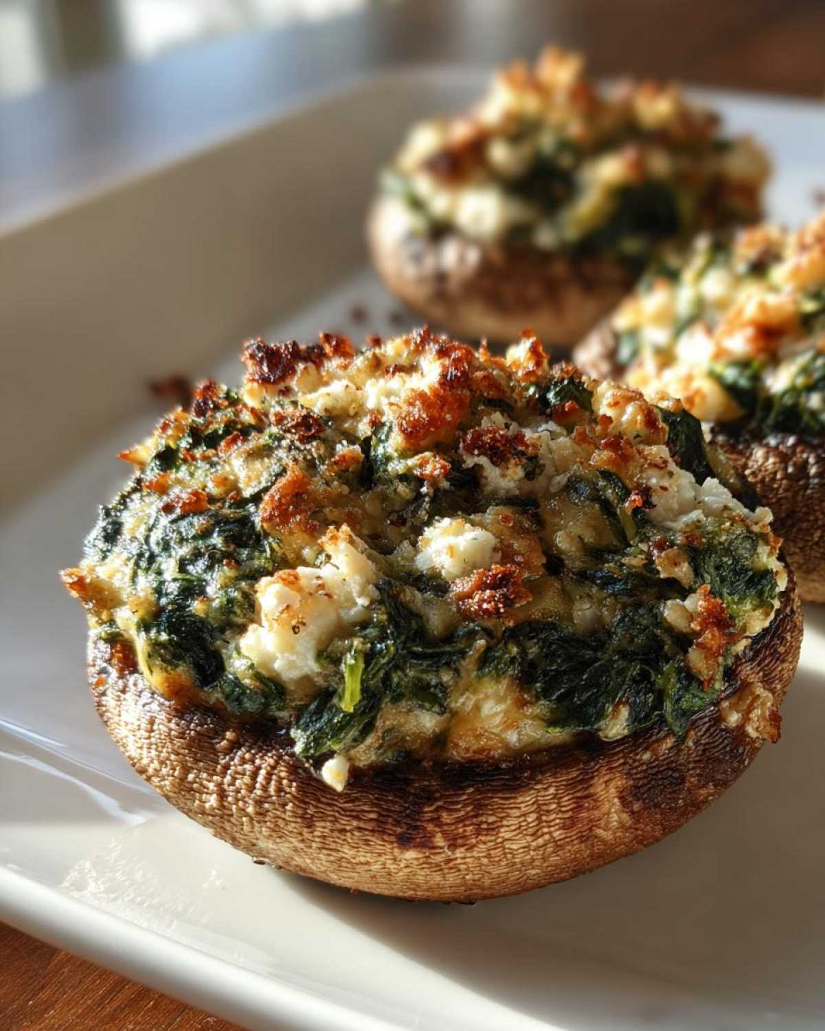 Close-up of a baked Spinach and Feta Stuffed Mushroom with a browned, cheesy topping.