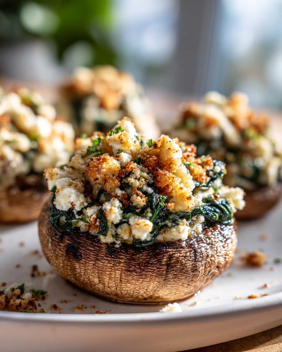 Close-up of a baked Spinach and Feta Stuffed Mushroom topped with golden breadcrumbs.