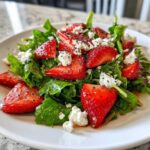 Close-up of a vibrant Spring Mix Salad with Strawberries and Goat Cheese, topped with chia seeds.