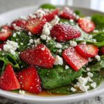 Close-up of a vibrant Spring Mix Salad with Strawberries and Goat Cheese, featuring glossy spinach leaves and chia seeds.
