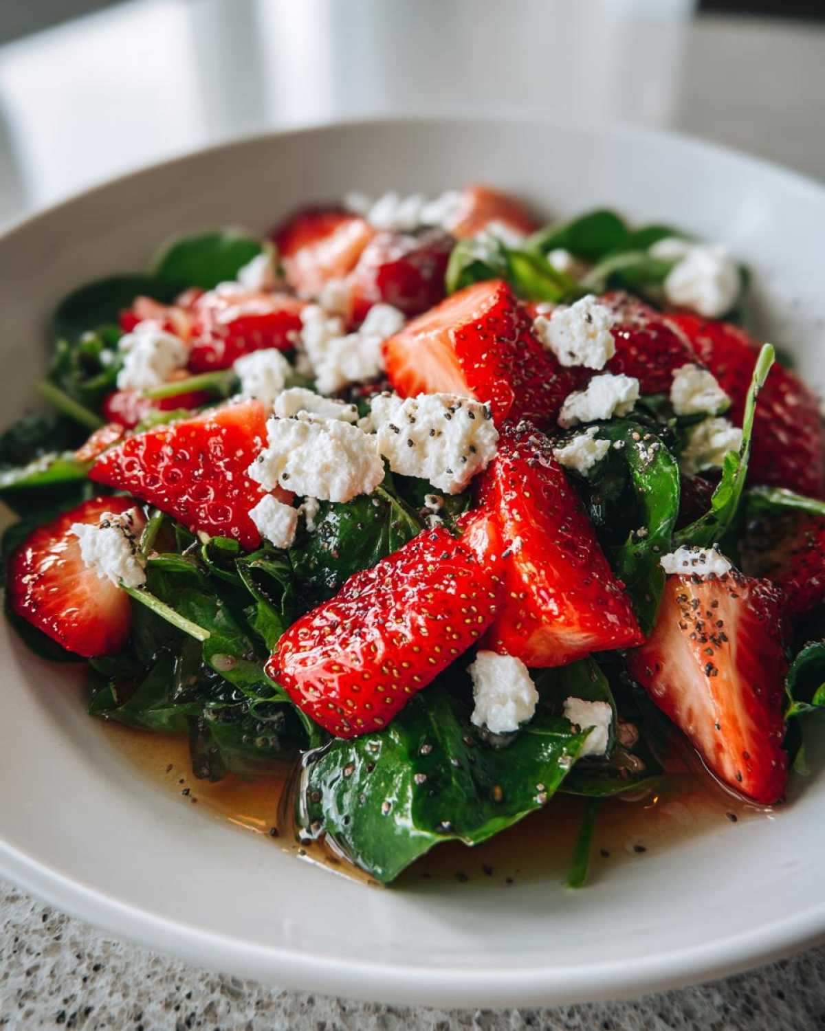 Close-up of vibrant Spring Mix Salad with Strawberries and Goat Cheese, featuring spinach, sliced strawberries, and crumbled cheese.