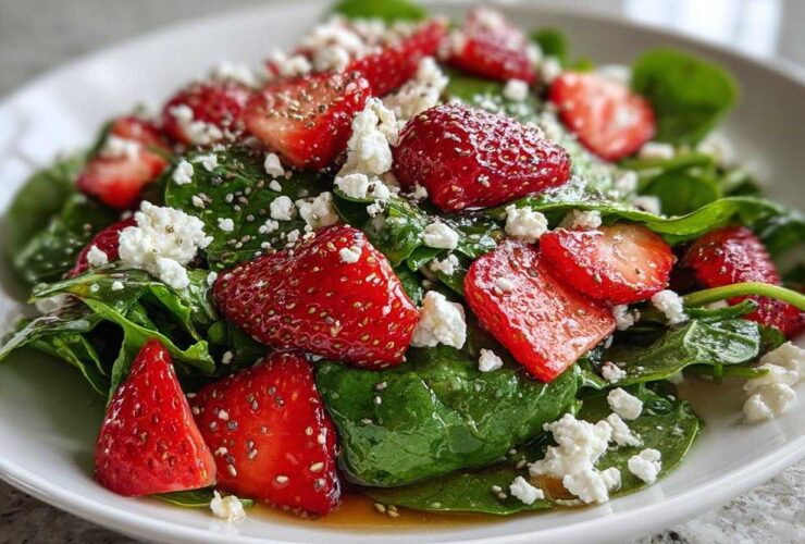 Close-up of a vibrant Spring Mix Salad with Strawberries and Goat Cheese, featuring glossy spinach leaves and chia seeds.