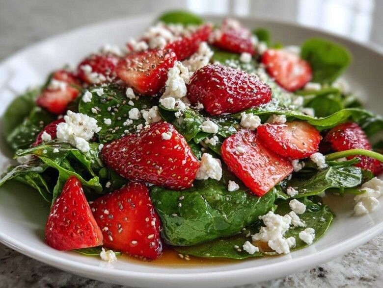 Close-up of a vibrant Spring Mix Salad with Strawberries and Goat Cheese, featuring glossy spinach leaves and chia seeds.