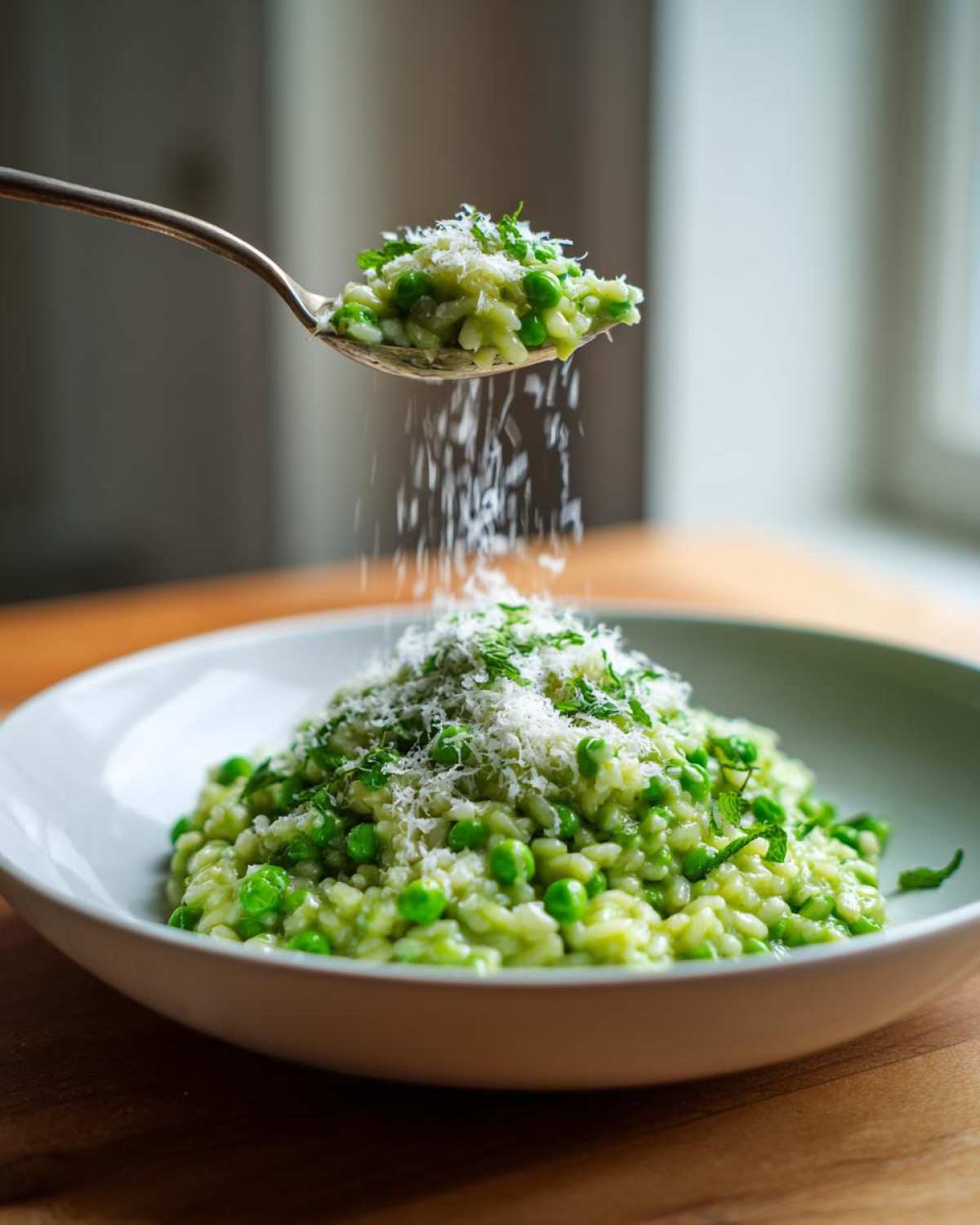 A spoonful of Spring Pea and Mint Risotto is being added to a bowl while grated cheese falls onto the dish.