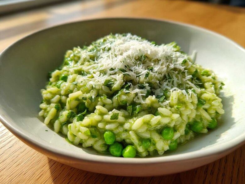 Close-up of creamy Spring Pea and Mint Risotto topped with grated Parmesan cheese in a light bowl.