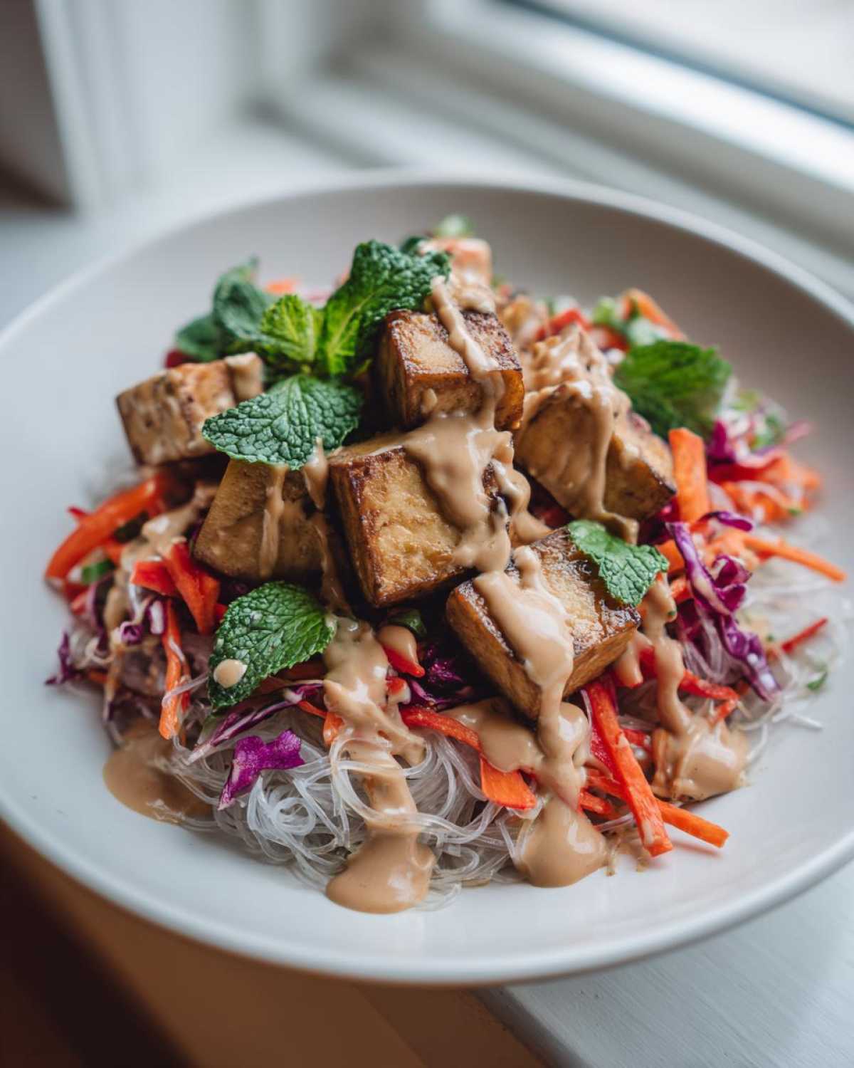 Close-up of a Spring Roll Bowl with Peanut Sauce drizzled over crispy tofu, vermicelli noodles, and shredded vegetables.