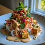 A beautifully plated Spring Roll Bowl with peanut sauce, featuring vermicelli noodles, crispy tofu, shredded carrots, and fresh mint.