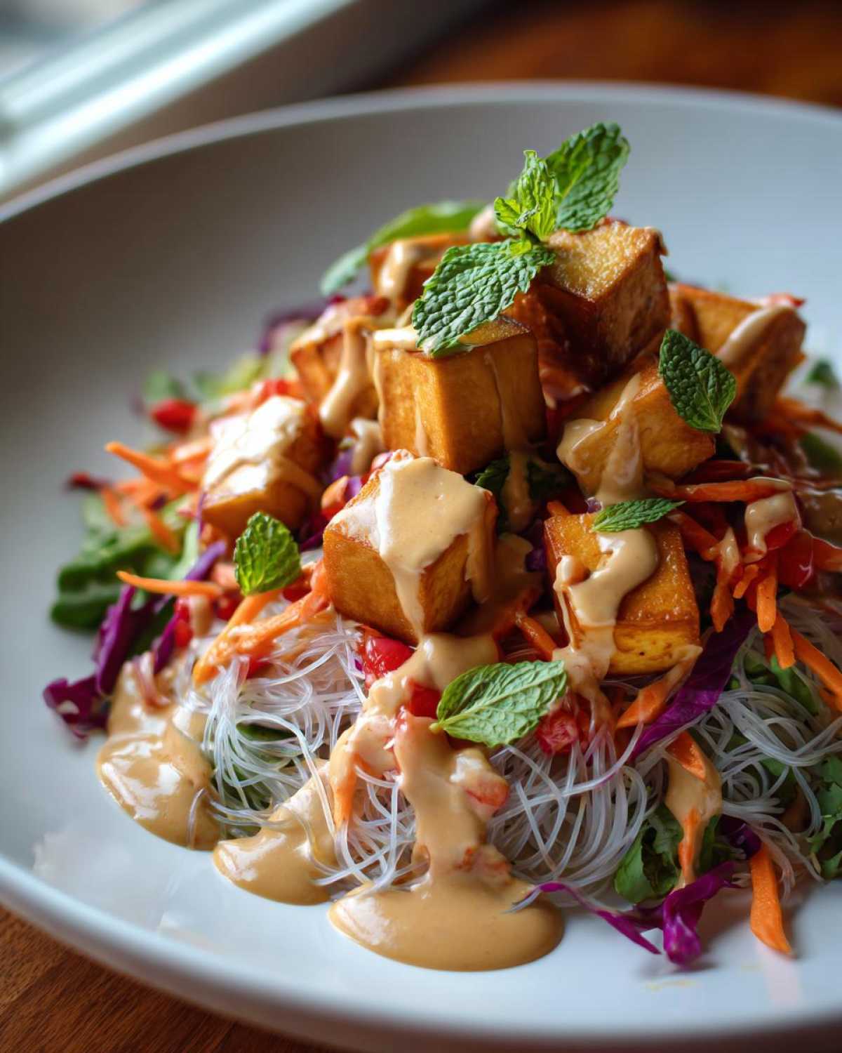 A vibrant Spring Roll Bowl with Peanut Sauce featuring crispy tofu cubes, rice vermicelli, shredded carrots, and fresh mint.