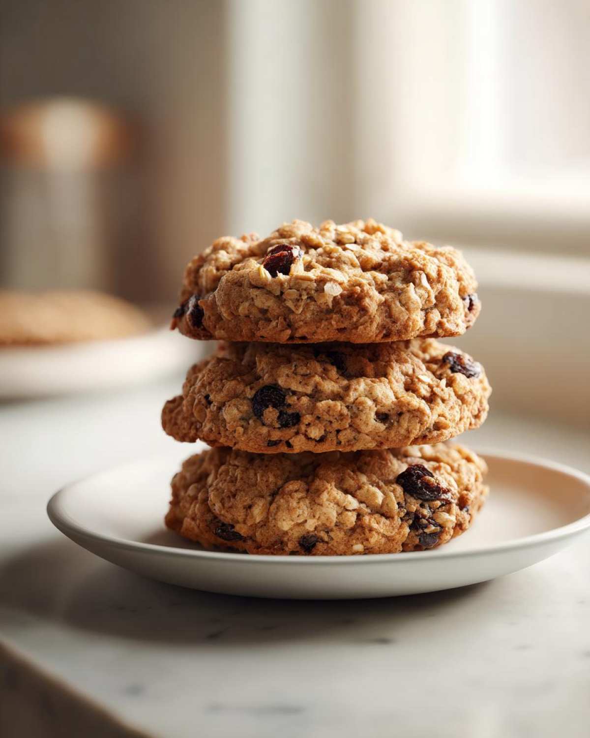 A stack of three chewy Gluten-Free Oatmeal Raisin Cookies resting on a small white plate.