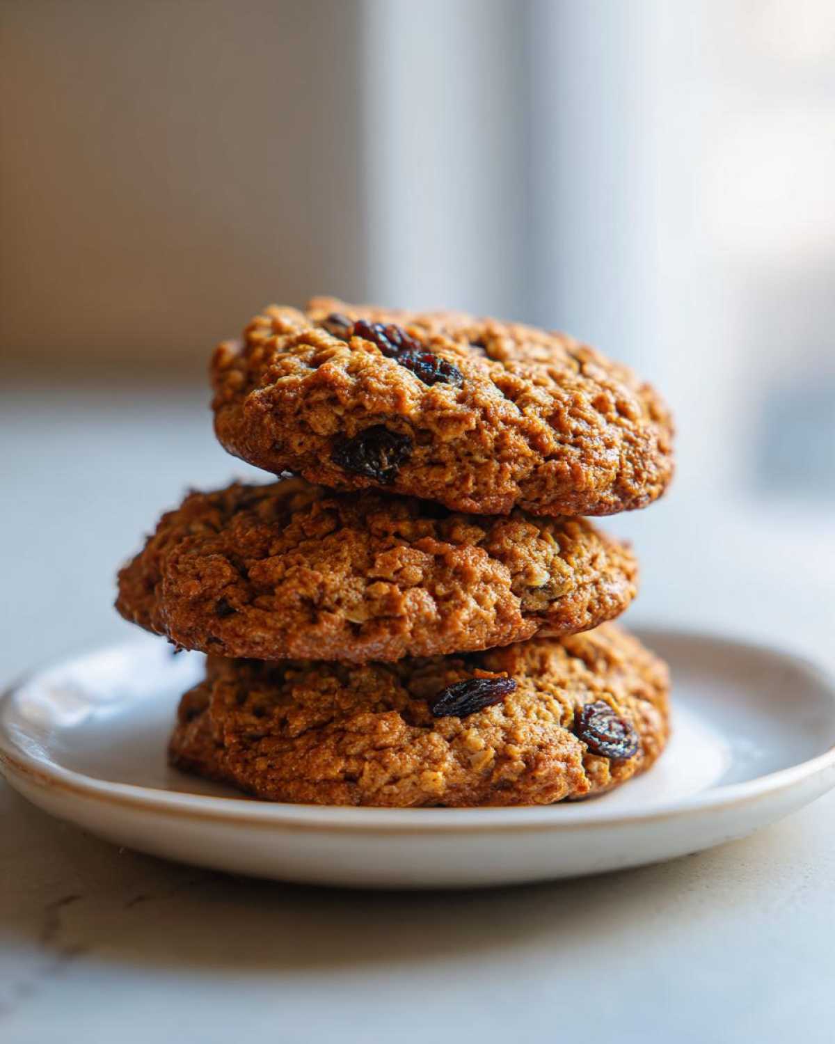 A stack of three golden brown Gluten-Free Oatmeal Raisin Cookies resting on a small white plate.