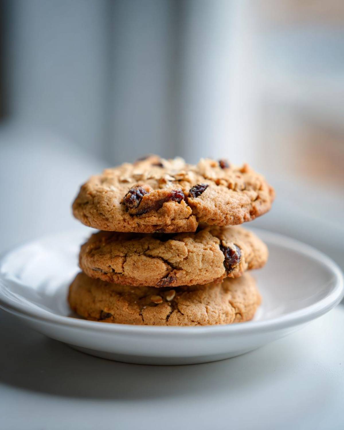 Three perfectly baked Gluten-Free Oatmeal Raisin Cookies stacked on a small white plate.