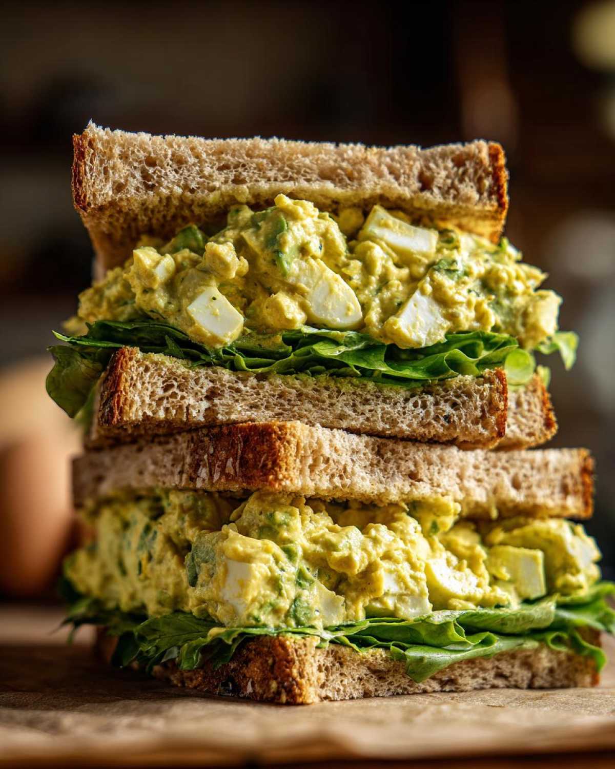 A tall stack of two halves of an Avocado Egg Salad Sandwich made with whole wheat bread and fresh lettuce.