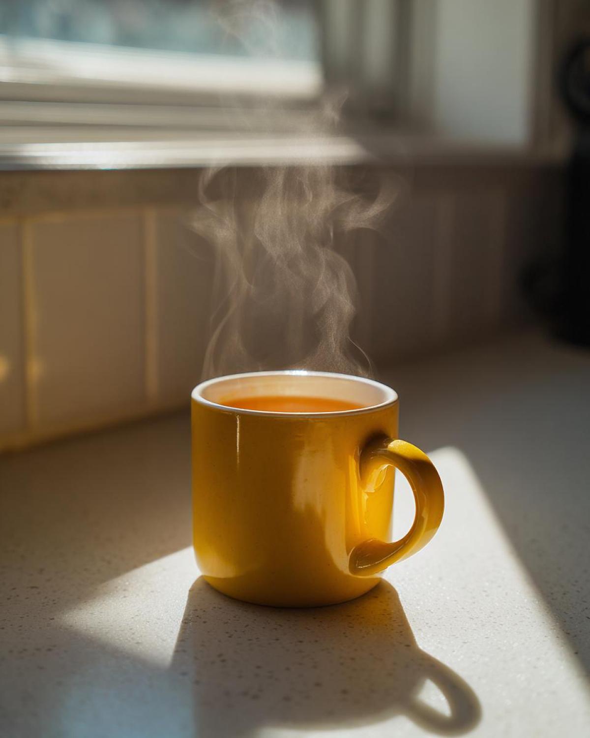 A bright yellow mug filled with steaming Honey Lemon Ginger Tea sits on a speckled countertop in morning sunlight.