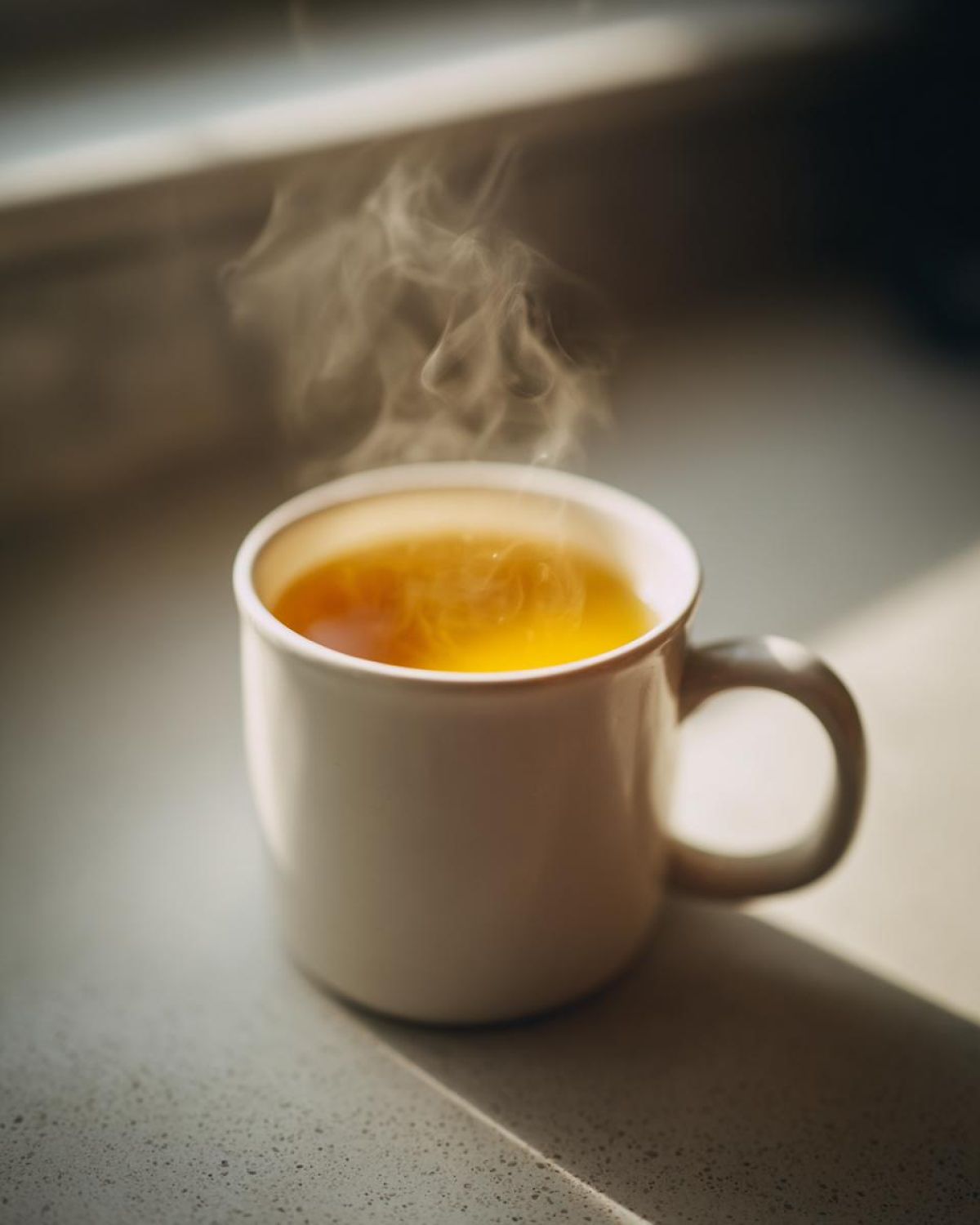 A white mug filled with steaming, golden Honey Lemon Ginger Tea sits on a countertop in natural light.