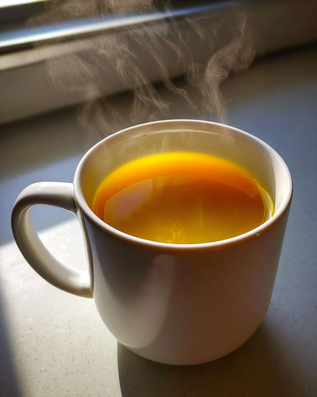 Close-up of a steaming white mug filled with bright yellow Honey Lemon Ginger Tea, backlit by sunlight.