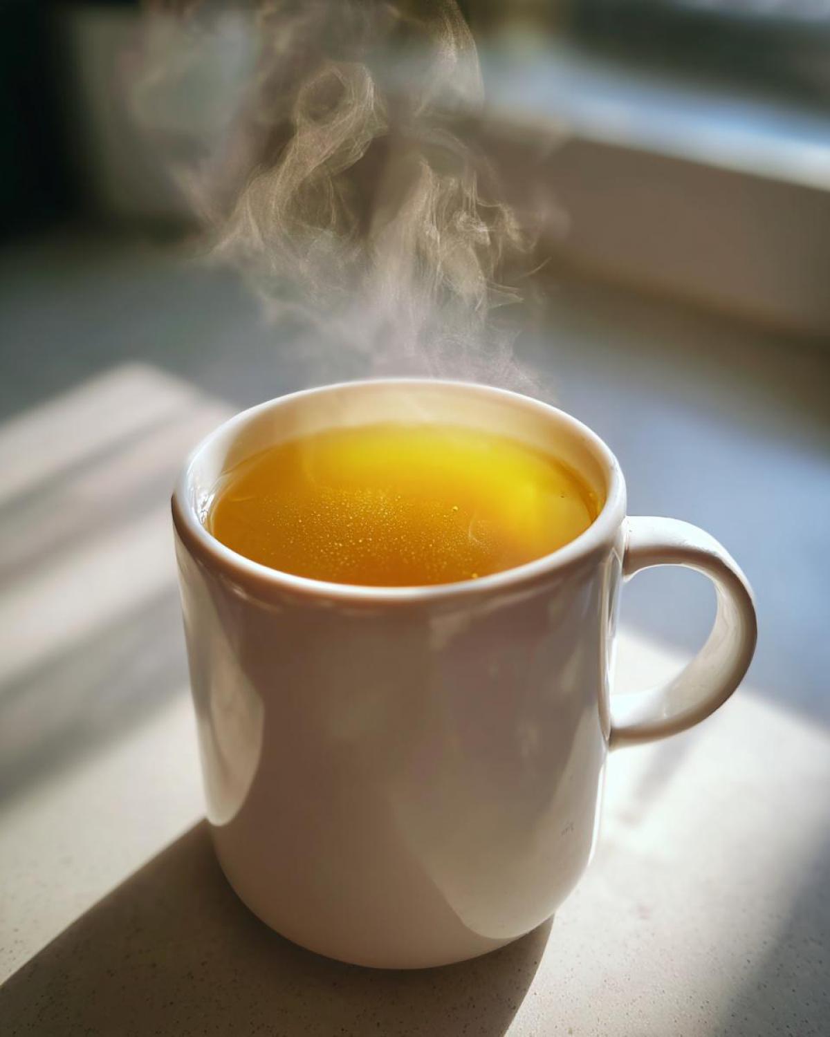 Close-up of hot Honey Lemon Ginger Tea steaming in a white ceramic mug by a sunlit window.