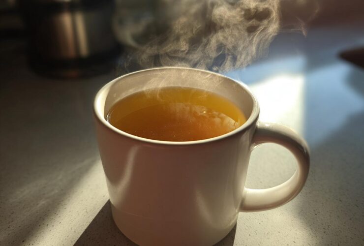 A close-up of a steaming white mug filled with golden Honey Lemon Ginger Tea, highlighted by sunlight.