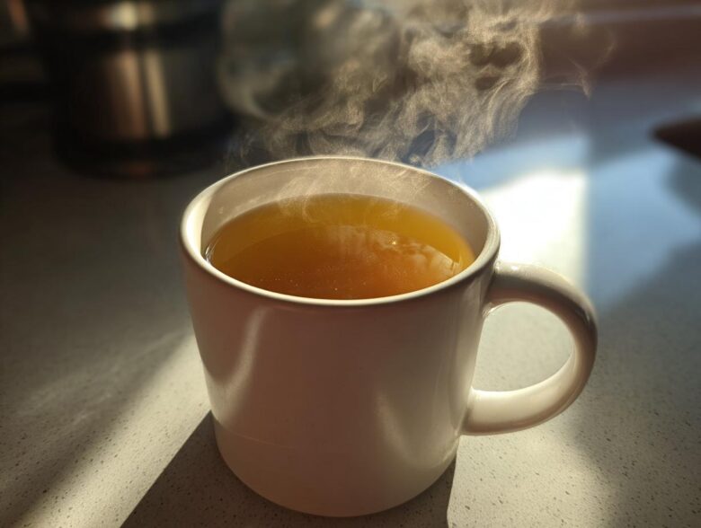 A close-up of a steaming white mug filled with golden Honey Lemon Ginger Tea, highlighted by sunlight.