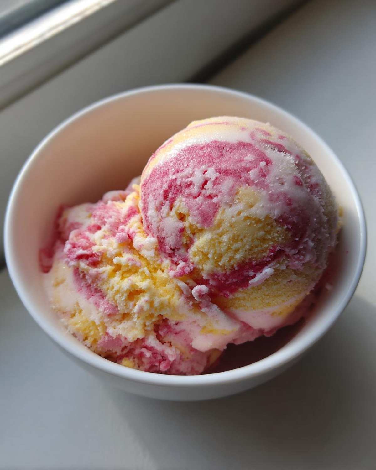 Two scoops of swirled pink and yellow Strawberry Banana Ice Cream in a white bowl, lit by sunlight.