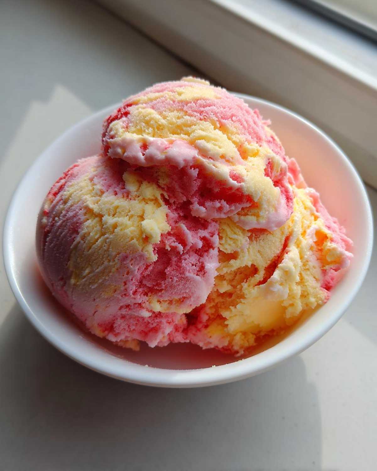 Two scoops of vibrant, swirled Strawberry Banana Ice Cream (pink and yellow) served in a small white bowl.