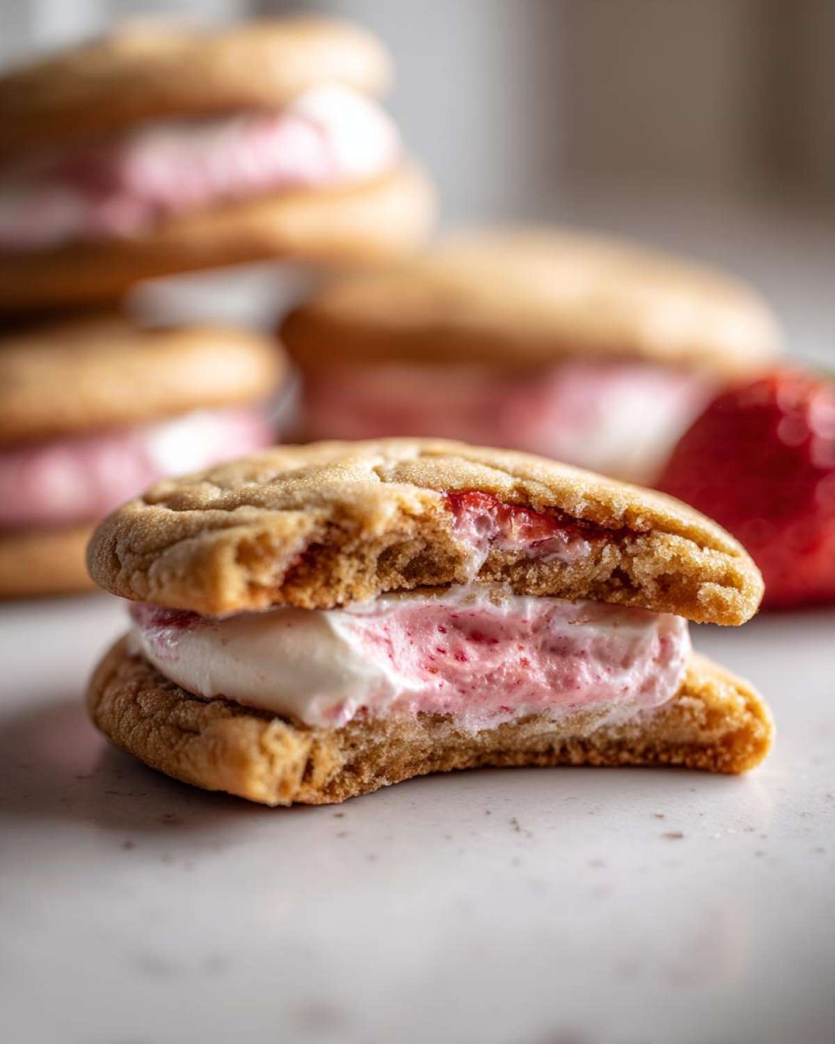 Close-up of a bitten Strawberry Cheesecake Stuffed Cookie showing the creamy pink filling between two soft cookies.