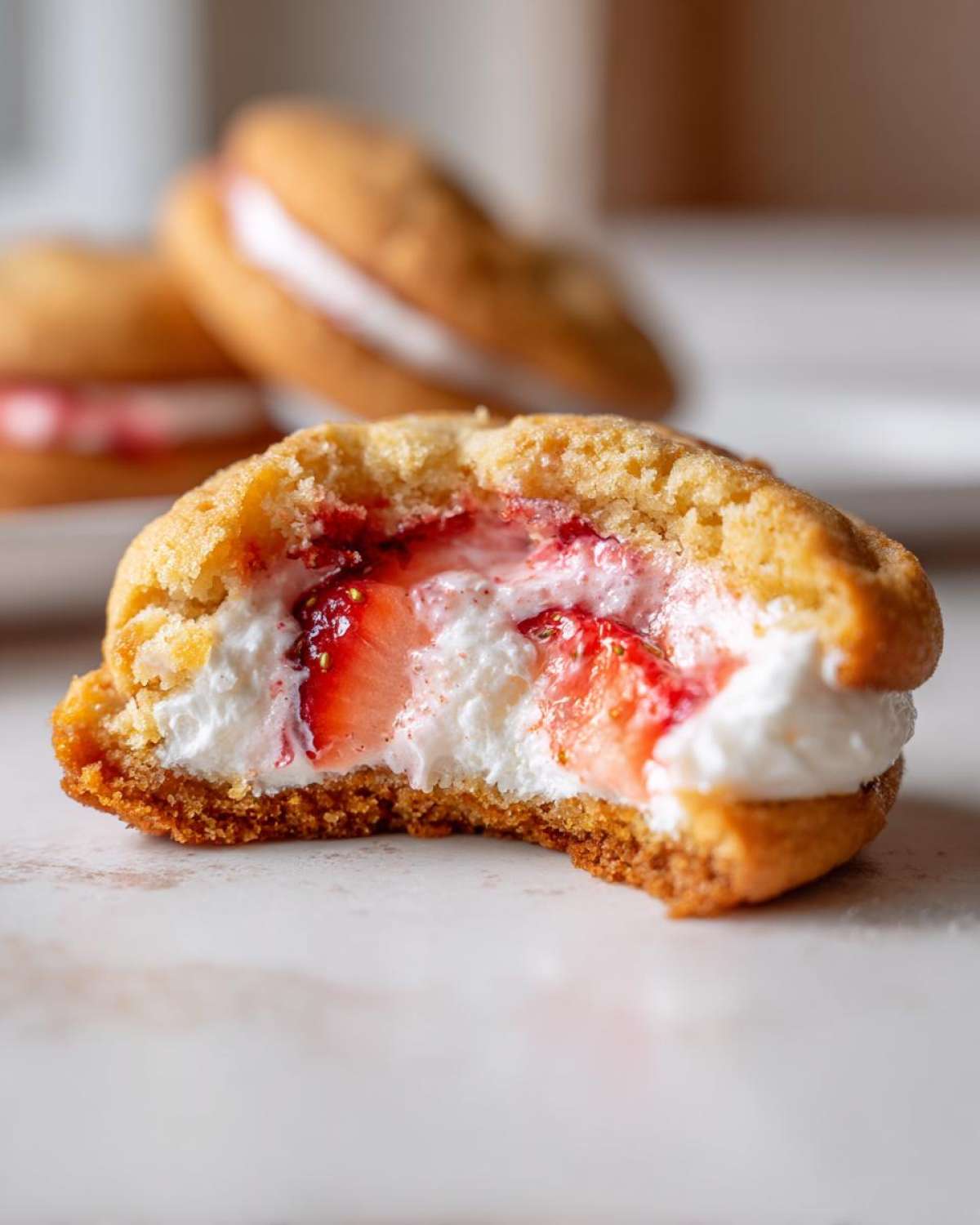 Close-up of a Strawberry Cheesecake Stuffed Cookie bitten in half, showing creamy filling and strawberry swirl.