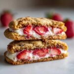 Two halves of a Strawberry Cheesecake Stuffed Cookie stacked, showing the creamy filling and sliced strawberries.