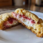 A close-up of Strawberry Cheesecake Stuffed Cookies cut in half, showing the creamy white filling and strawberry swirl.
