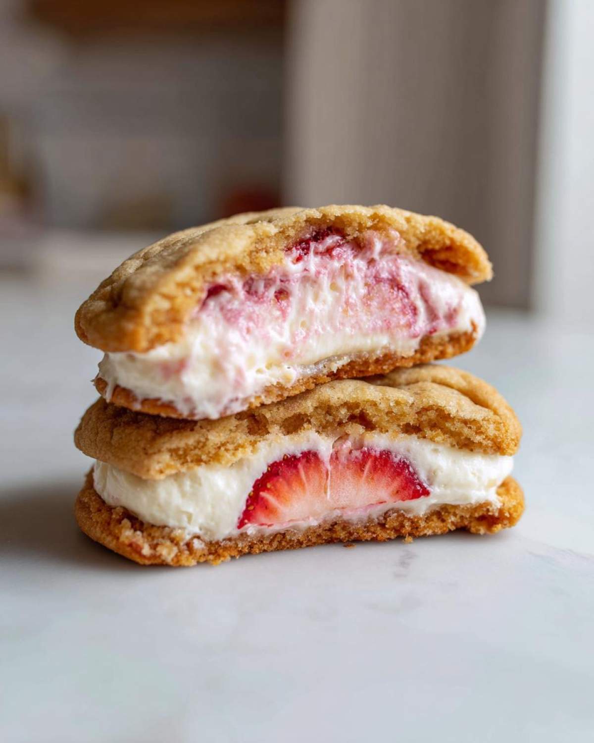 Two halves of Strawberry Cheesecake Stuffed Cookies stacked, showing creamy filling and a slice of fresh strawberry.