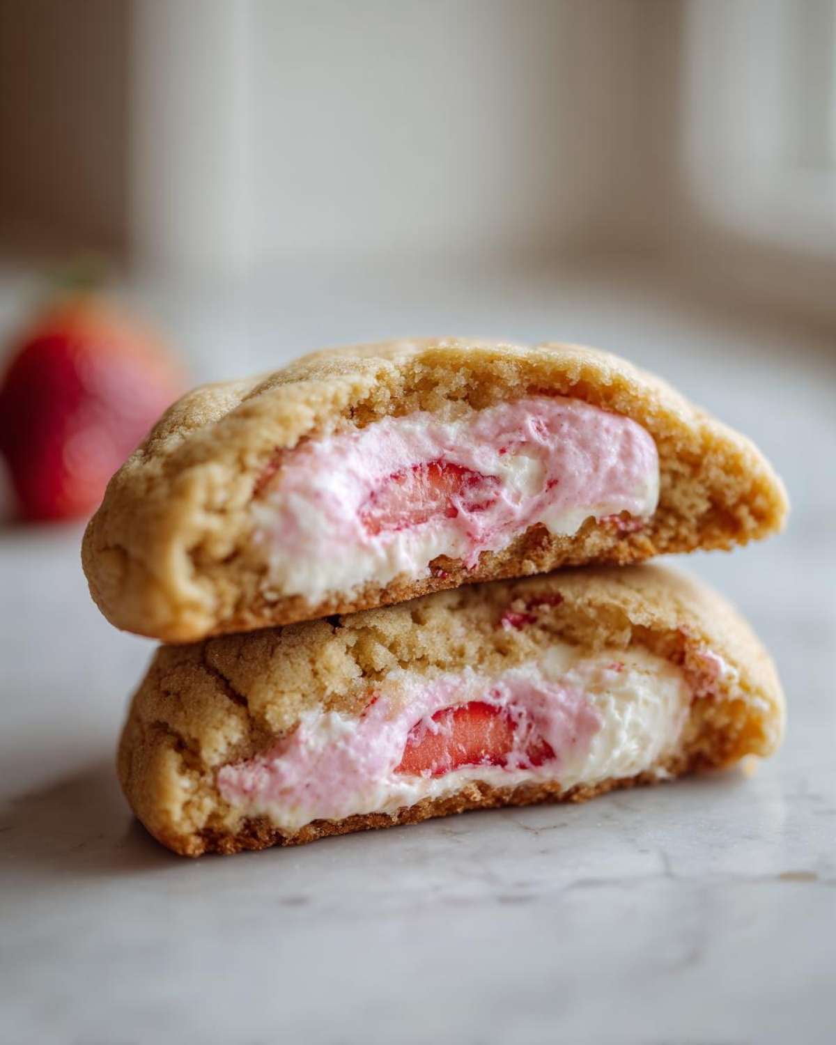 Two halves of a Strawberry Cheesecake Stuffed Cookie stacked, showing the creamy pink filling and strawberry slices inside.
