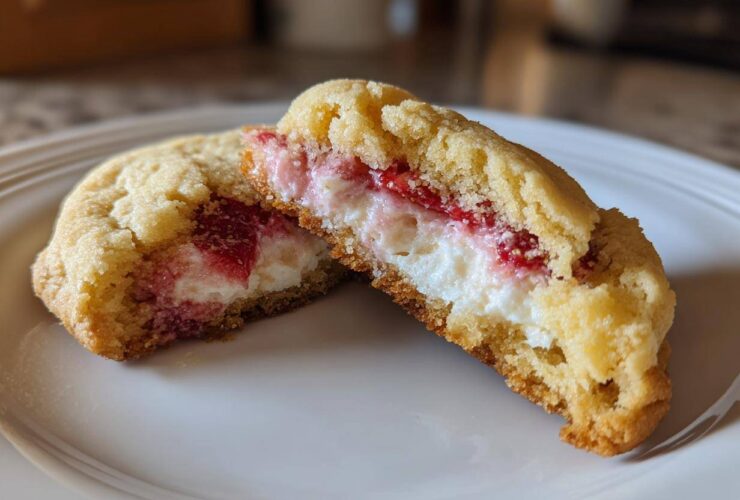 A close-up of Strawberry Cheesecake Stuffed Cookies cut in half, showing the creamy white filling and strawberry swirl.