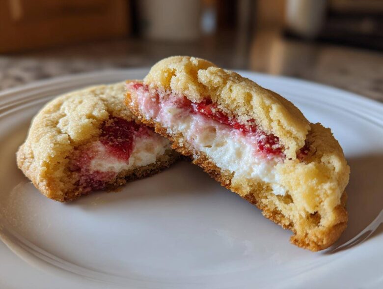 A close-up of Strawberry Cheesecake Stuffed Cookies cut in half, showing the creamy white filling and strawberry swirl.