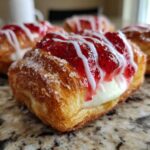 A close-up of a flaky Strawberry Cream Cheese Danish topped with strawberry jam, white icing drizzle, and coarse sugar.