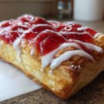 Close-up of a flaky Strawberry Cream Cheese Danish topped with bright red strawberry glaze and white icing.