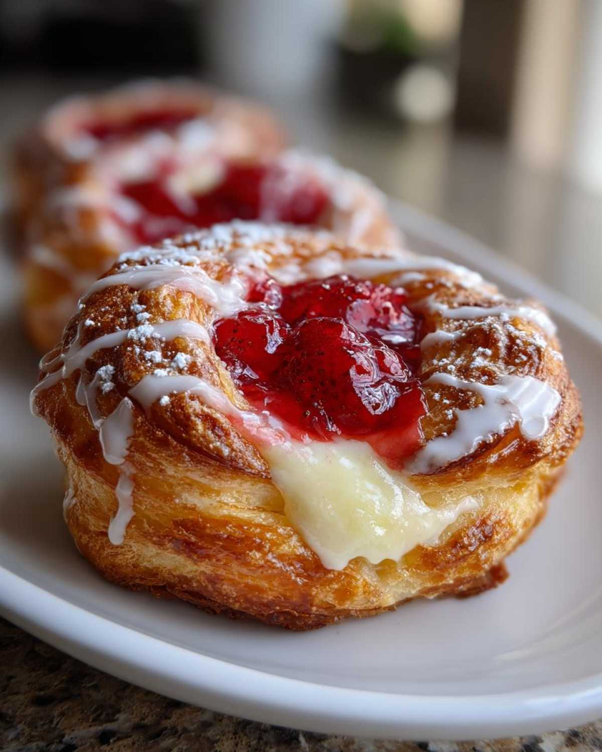 A close-up of a flaky Strawberry Cream Cheese Danish topped with bright red strawberry filling, cream cheese, and white icing.