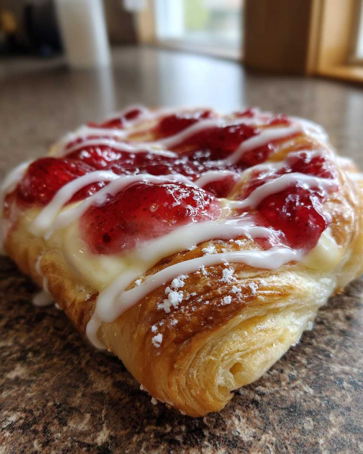 A close-up of a flaky Strawberry Cream Cheese Danish topped with strawberry filling, cream cheese, and white icing drizzle.