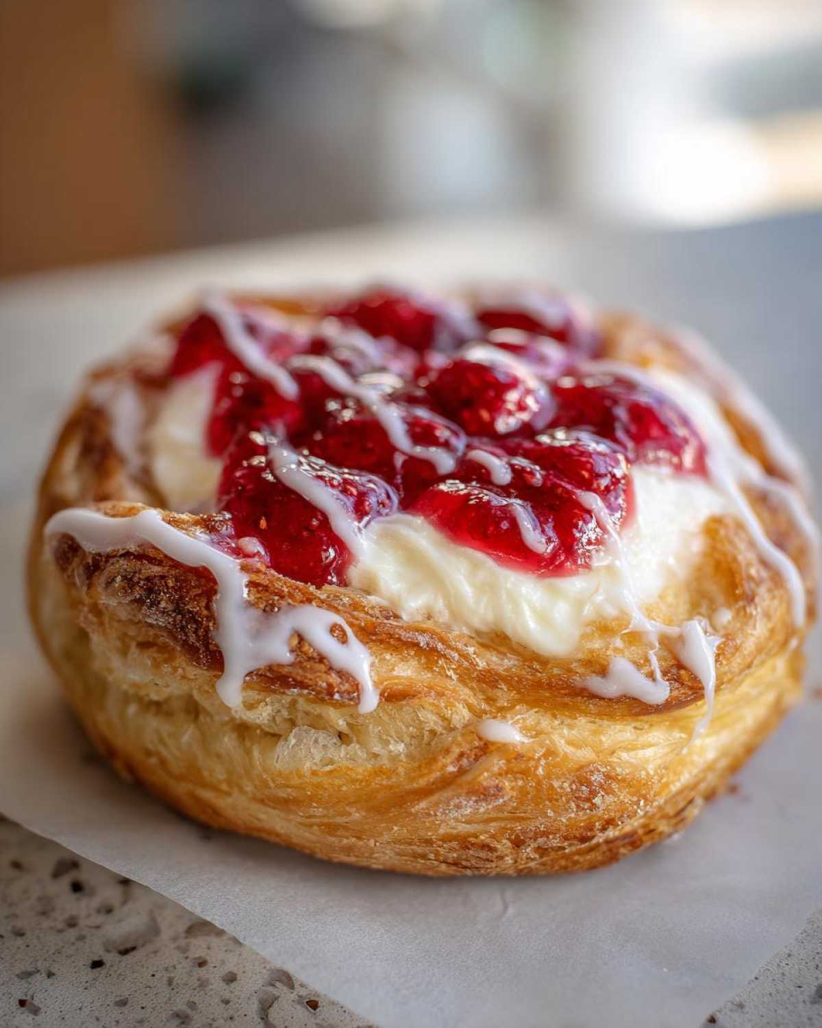 Close-up of a single, flaky Strawberry Cream Cheese Danish topped with cream cheese, strawberry filling, and white icing drizzle.