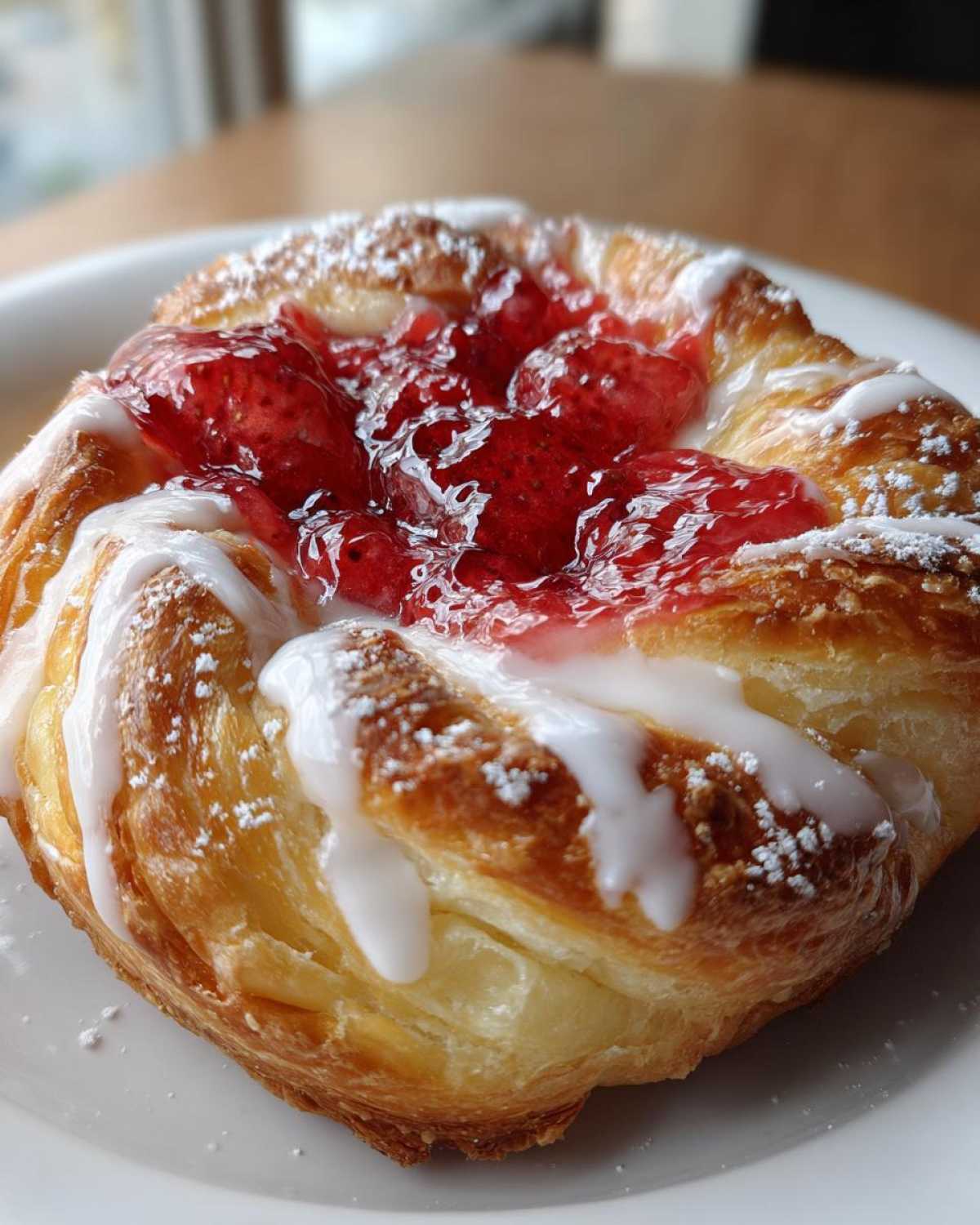 Close-up of a flaky Strawberry Cream Cheese Danish topped with strawberry filling, white icing drizzle, and powdered sugar.